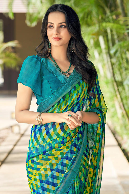 Green Chiffon With 6-inch Floral Sequence Embroidery Daily Wear Saree –  BEST SAREE