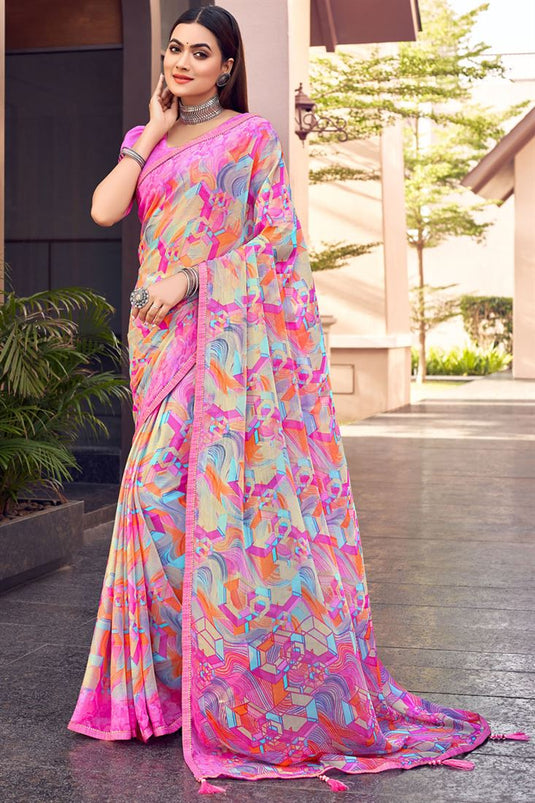 Printed Casual Wear Chiffon Saree In Pink Color