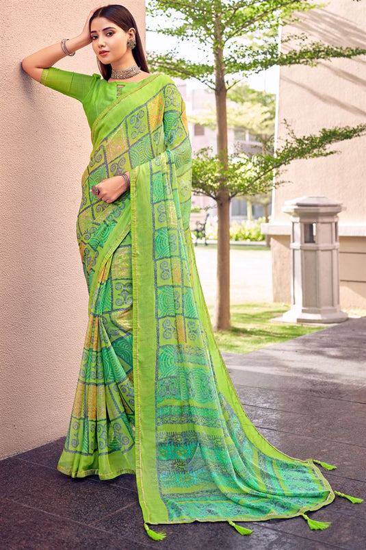 Casual Printed Work Amazing Chiffon Saree In Green Color