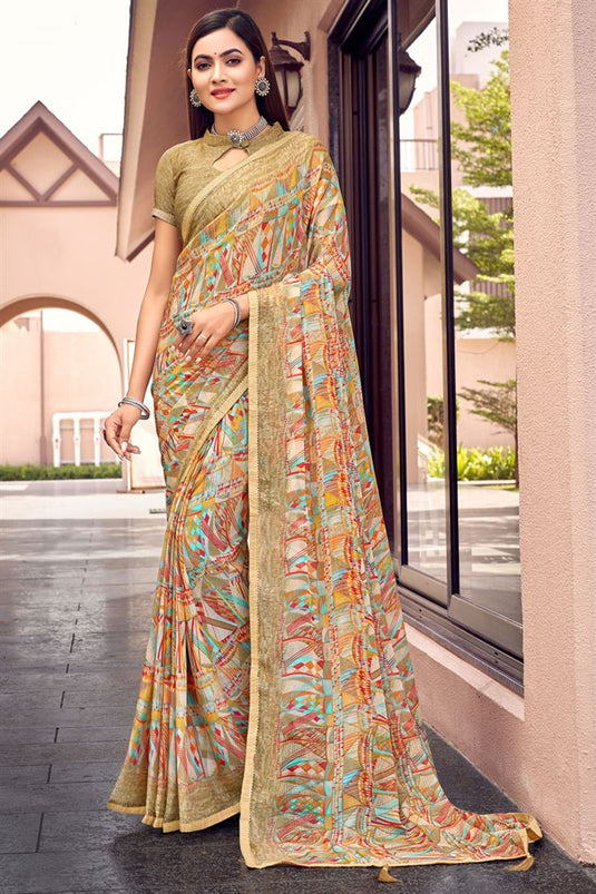 Casual Printed Work Tempting Chiffon Saree In Beige Color