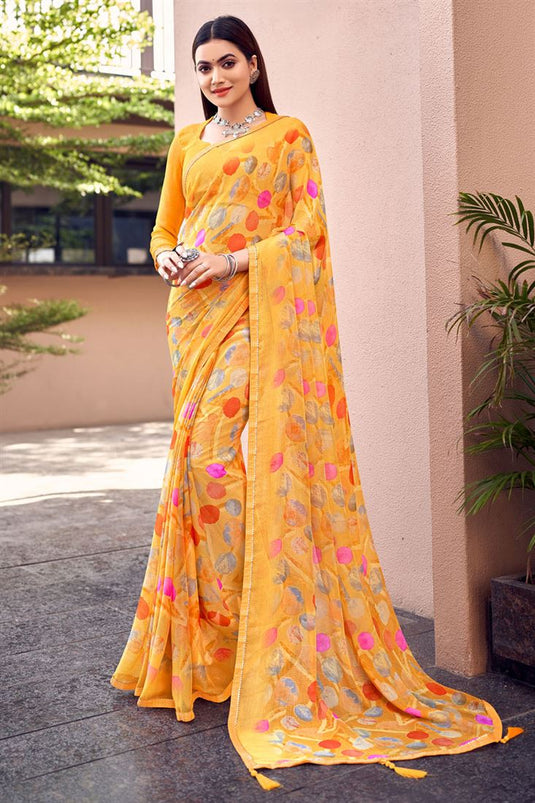 Lovely Printed Work Chiffon Casual Saree In Yellow Color