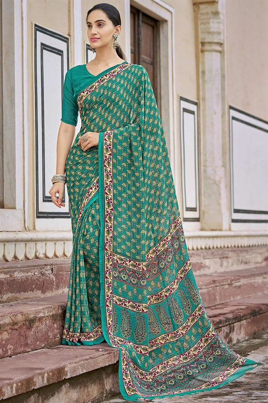 Patterned Georgette Fabric Printed Saree In Green Color