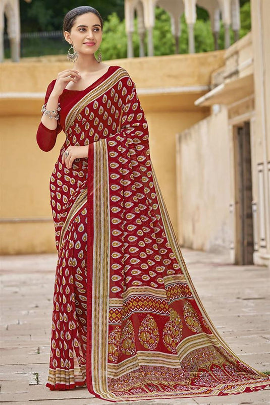 Maroon Color Spectacular Printed Saree In Georgette Fabric