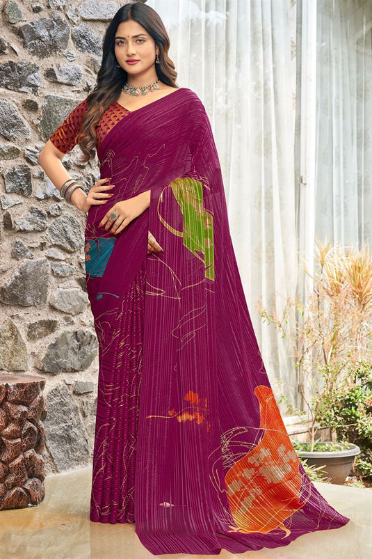 Fetching Printed Casual Satin Saree In Wine Color