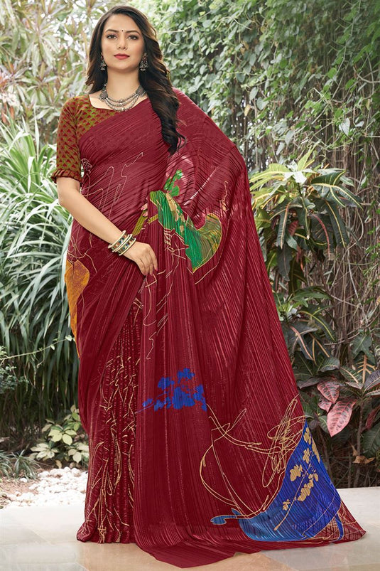 Beatific Maroon Color Printed Satin Casual Saree