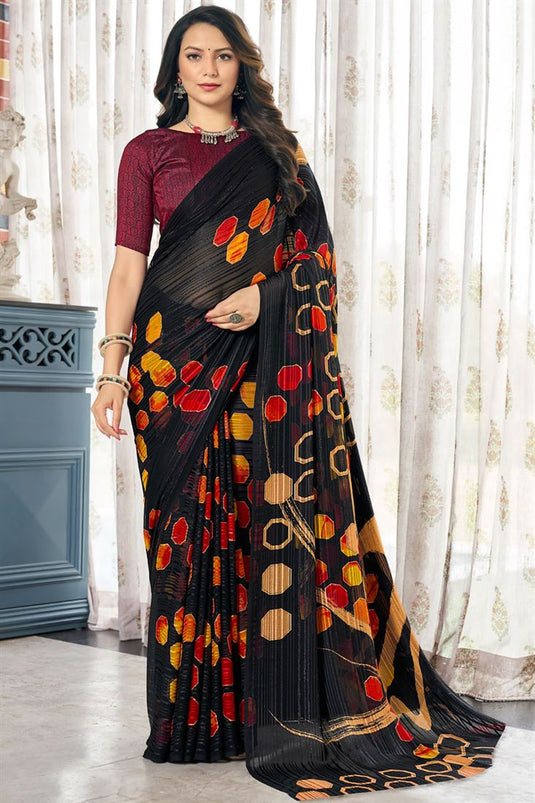 Mesmeric Black Color Casual Printed Satin Saree