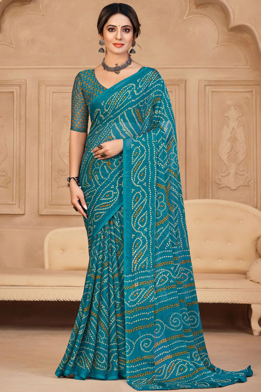 Teal Color Chiffon Fabric Bandhani Print Casual Stylish Saree