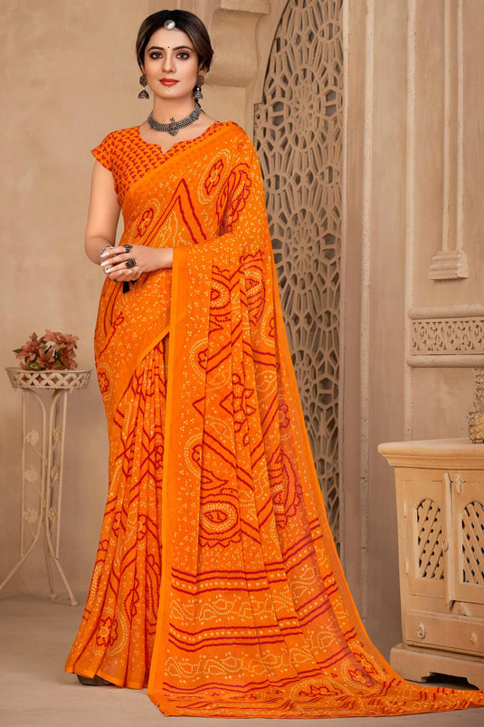 Chiffon Fabric Bandhej Print Orange Color Casual Fancy Saree