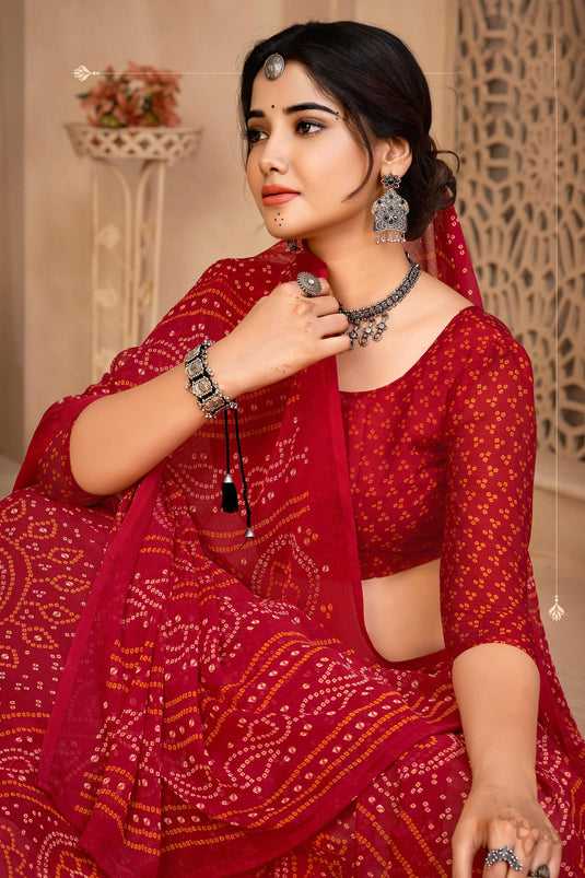 Red Color Chiffon Fabric Daily Bandhani Print Saree