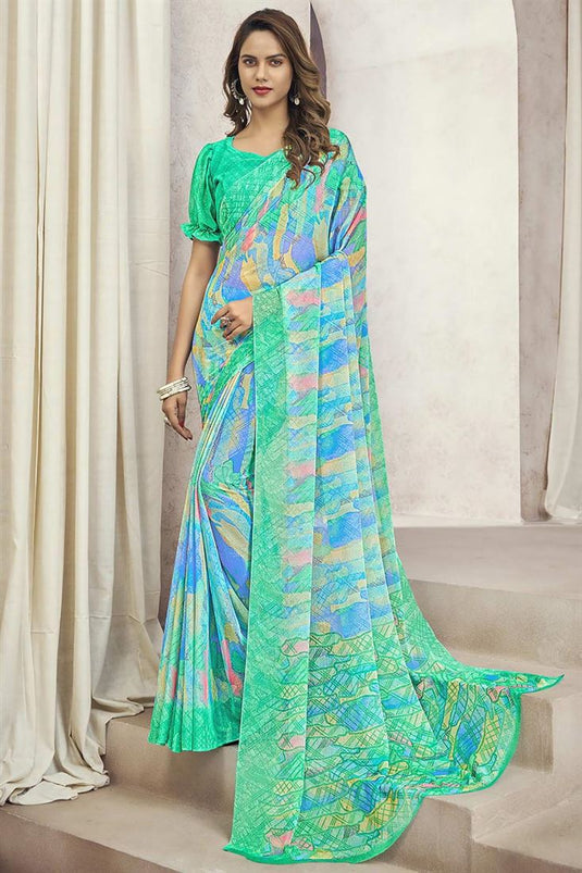 Chiffon Fabric Sea Green Color Enticing Casual Look Printed Saree