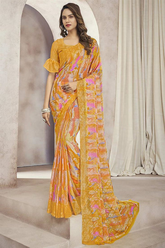 Chiffon Fabric Orange Color Delicate Casual Look Printed Saree