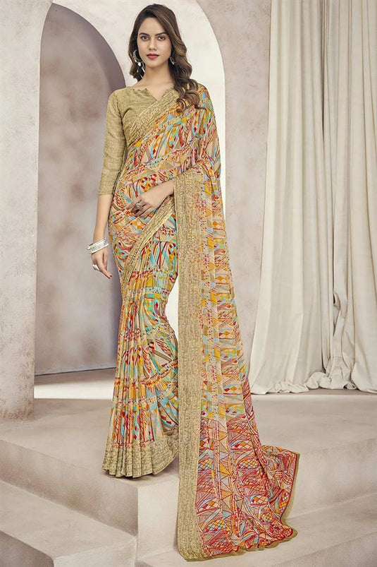 Chiffon Fabric Brilliant Casual Look Printed Saree In Beige Color
