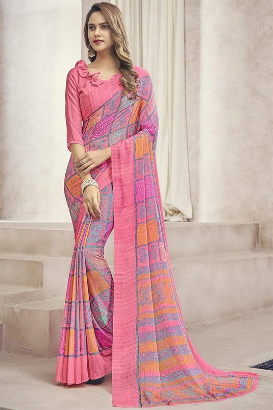 Pink Color Appealing Casual Look Printed Saree In Chiffon Fabric