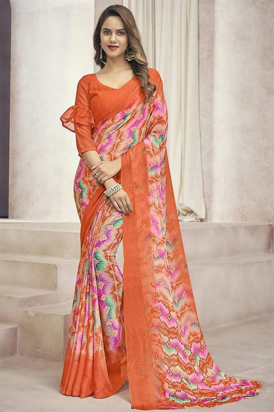 Chiffon Fabric Peach Color Fantastic Casual Look Printed Saree