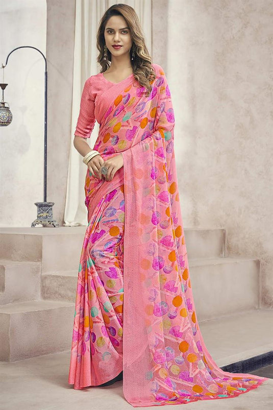 Peach Color Chiffon Fabric Amazing Casual Wear Printed Saree