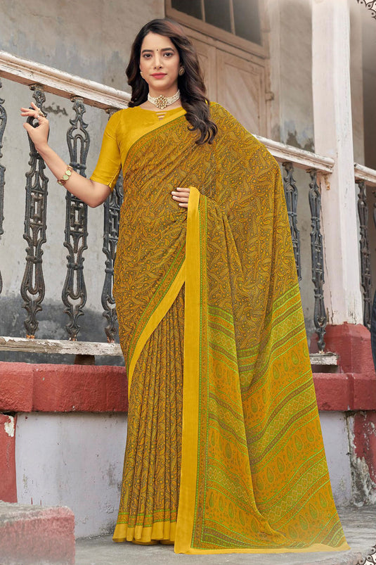 Yellow Color Casual Lovely Abstract Printed Saree In Chiffon Fabric