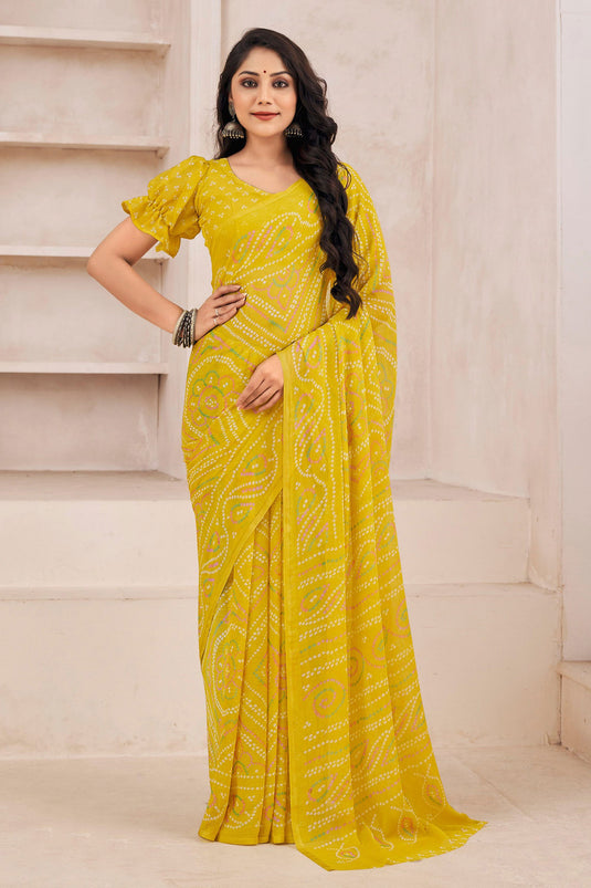 Casual Look Mesmeric Chiffon Fabric Printed Saree In Mustard Color