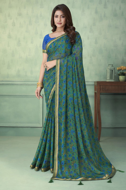 Chiffon Fabric Sea Green Color Printed Daily Wear Saree