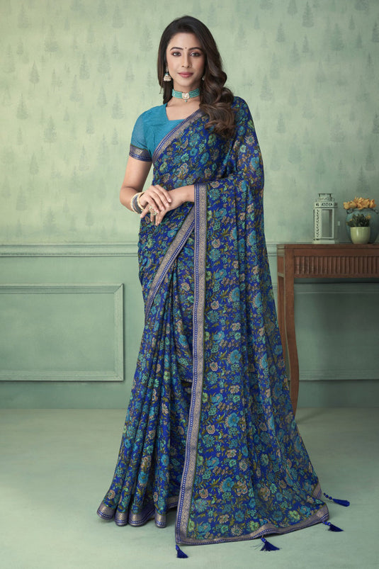 Chiffon Fabric Casual Wear Navy Blue Color Printed Saree