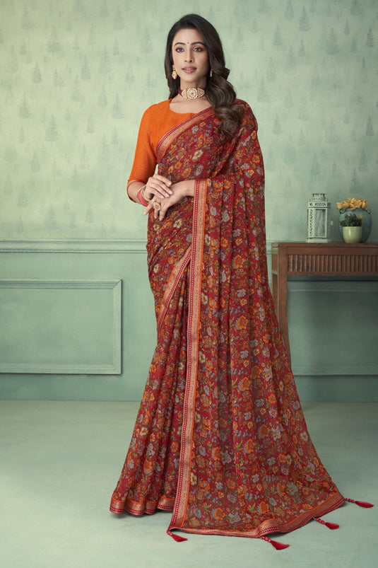 Red Color Chiffon Fabric Printed Daily Wear Saree