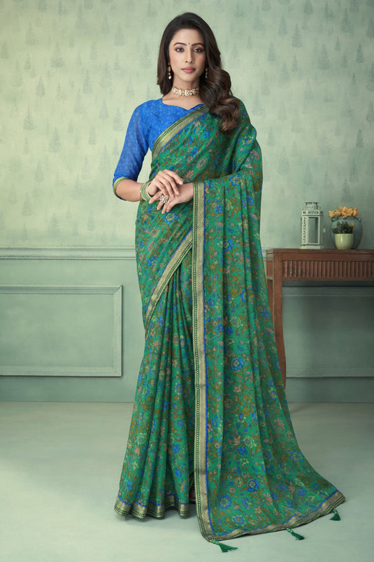 Printed Sea Green Color Chiffon Fabric Daily Wear Saree