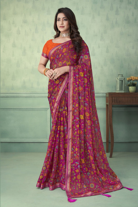 Magenta Color Chiffon Fabric Daily Wear Printed Saree