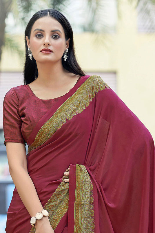 Dazzling Border Work On Maroon Color Casual Saree In Crepe Silk Fabric