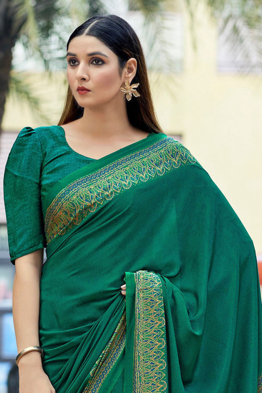 Entrancing Crepe Silk Fabric Casual Saree In Green Color With Border Work