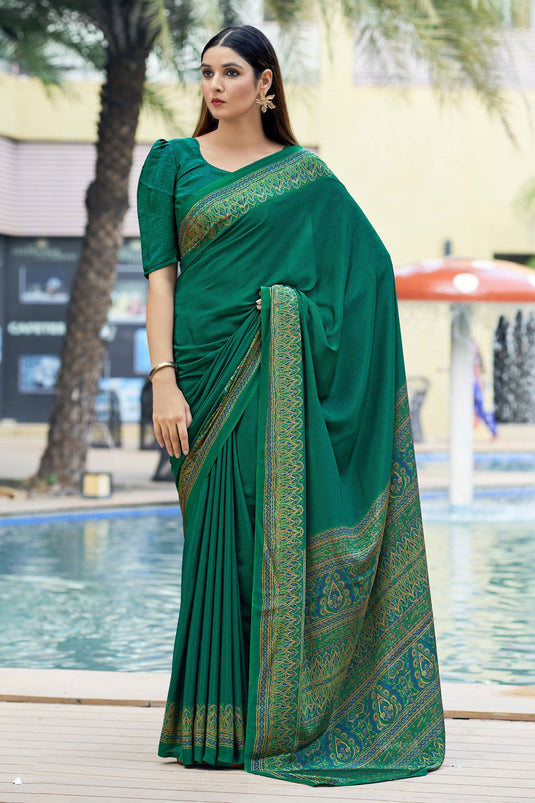 Entrancing Crepe Silk Fabric Casual Saree In Green Color With Border Work