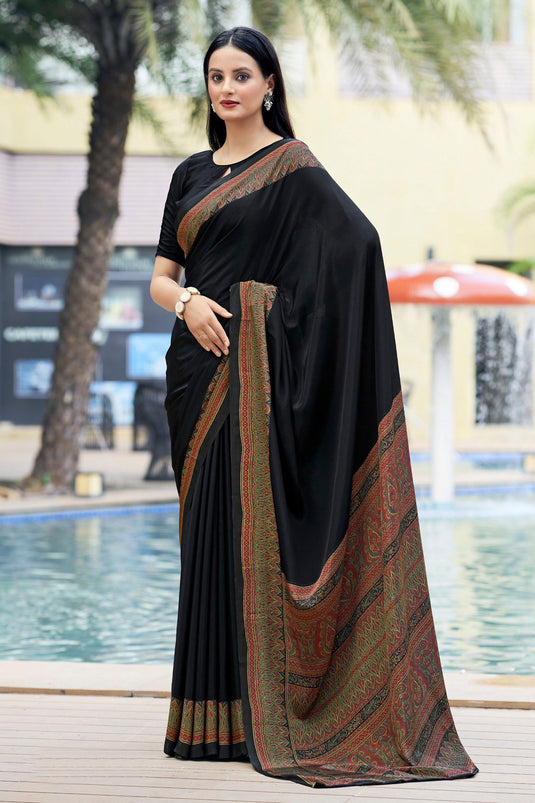Charming Black Color Crepe Silk Fabric Casual Saree With Border Work