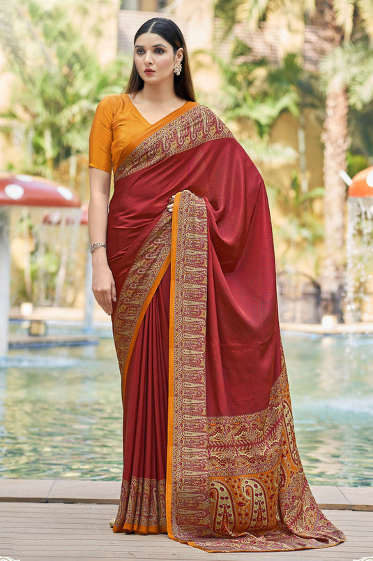 Radiant Border Work On Red Color Crepe Silk Fabric Casual Saree