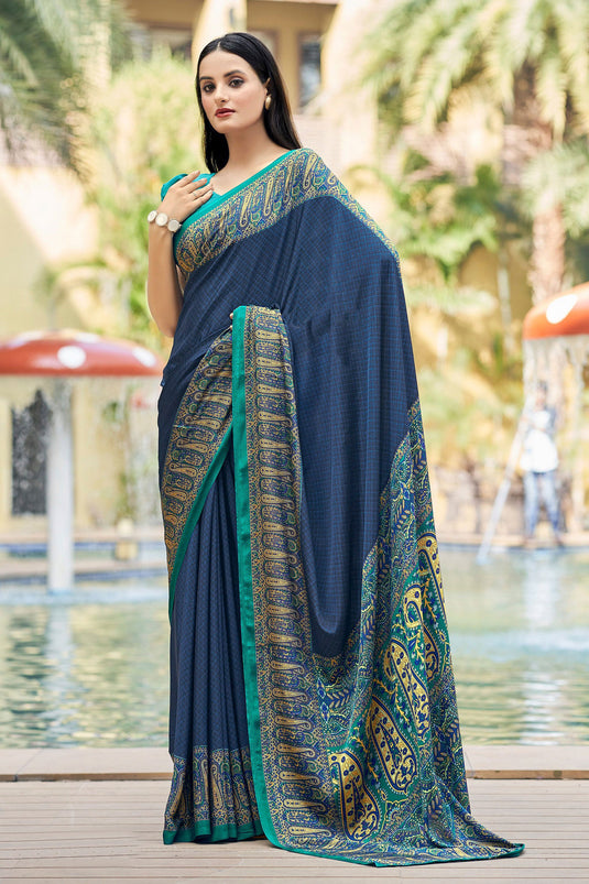 Excellent Crepe Silk Fabric Blue Color Casual Saree With Border Work