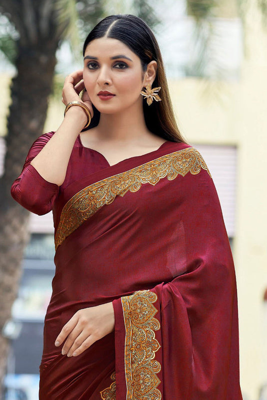 Tempting Crepe Silk Fabric Maroon Color Casual Saree With Border Work
