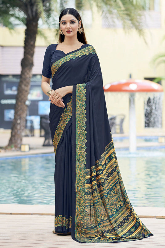 Engaging Navy Blue Color Crepe Silk Fabric Casual Saree With Border Work