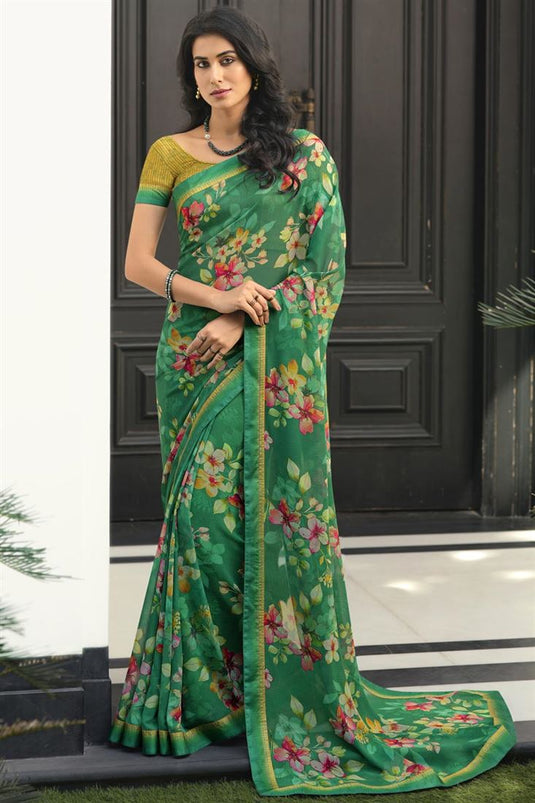 Green Color Occasion Wear Georgette Fabric Printed Saree