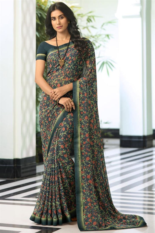 Georgette Fabric Occasion Wear Grey Color Printed Saree