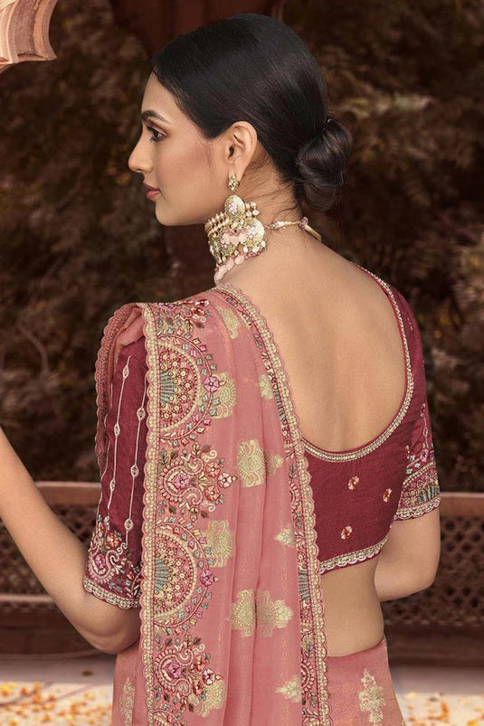 Excellent Peach Color Tissue Silk Saree With Embroidered Work