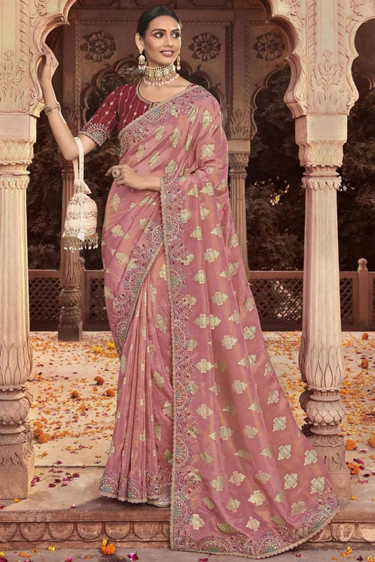 Excellent Peach Color Tissue Silk Saree With Embroidered Work
