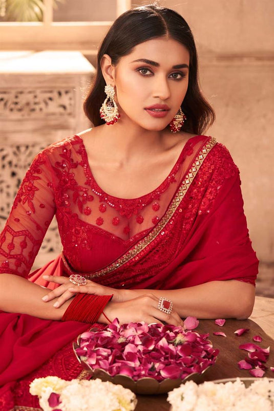Party Georgette Fabric Red Color Breathtaking Saree With Embroidered Work
