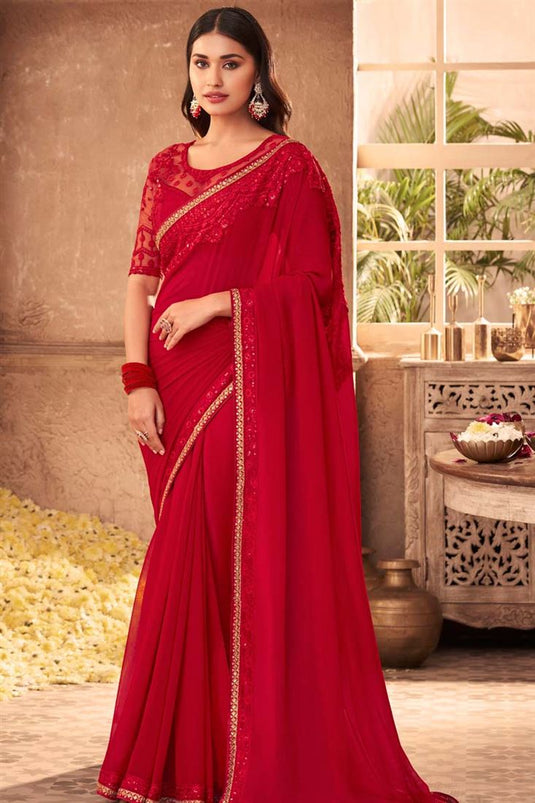 Party Georgette Fabric Red Color Breathtaking Saree With Embroidered Work