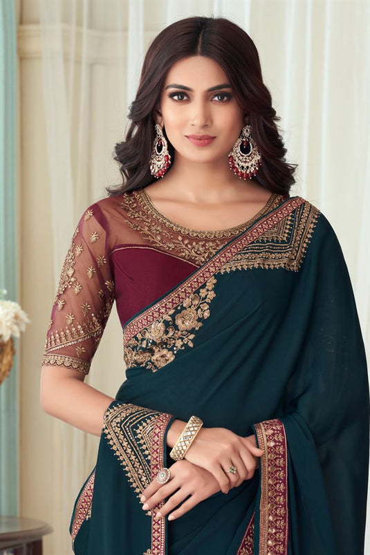 Enchanting Emerald Teal Blue Art Silk Party Saree