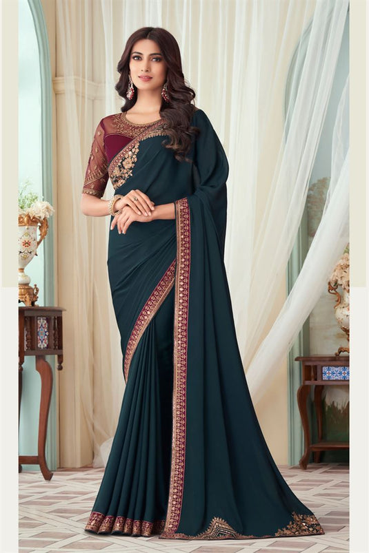 Enchanting Emerald Teal Blue Art Silk Party Saree