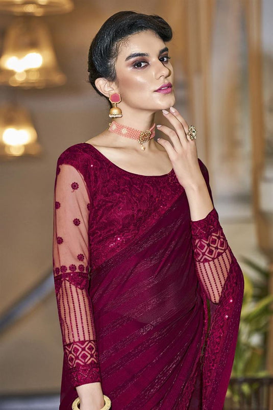 Sequins Work Chiffon Fabric Maroon Color Enticing Party Style Saree