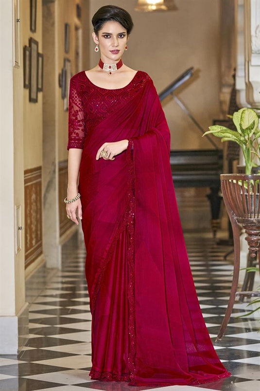Red Color Chiffon Fabric Appealing Sequins Work Party Style Saree