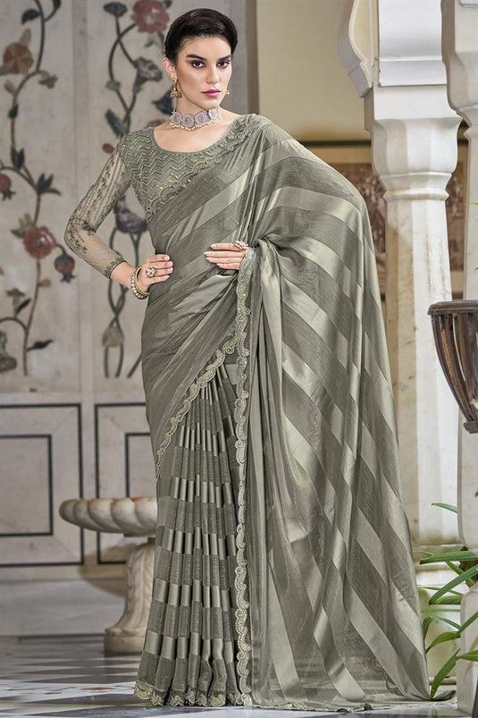 Grey Color Chiffon Fabric Sequins Work Awesome Party Style Saree