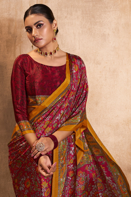 Crepe Silk Fabric Maroon Color Printed Daily Wear Saree