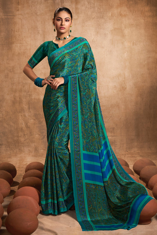 Green Color Printed Crepe Silk Fabric Daily Wear Saree