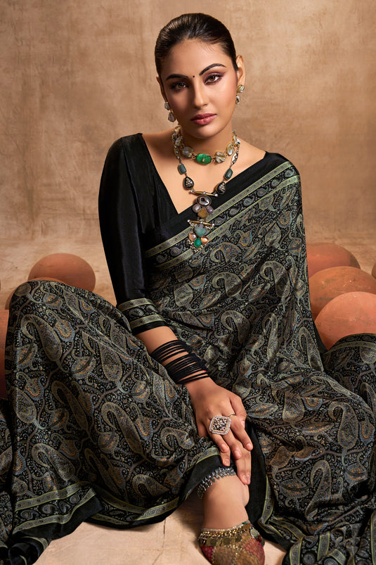 Black Color Crepe Silk Fabric Printed Daily Wear Saree