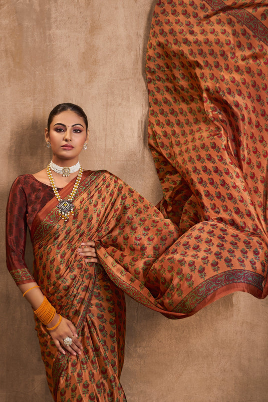 Crepe Silk Fabric Printed Brown Color Daily Wear Saree
