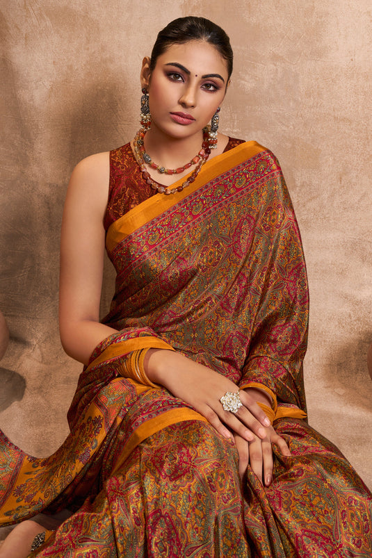 Crepe Silk Fabric Printed Brown Color Casual Wear Saree